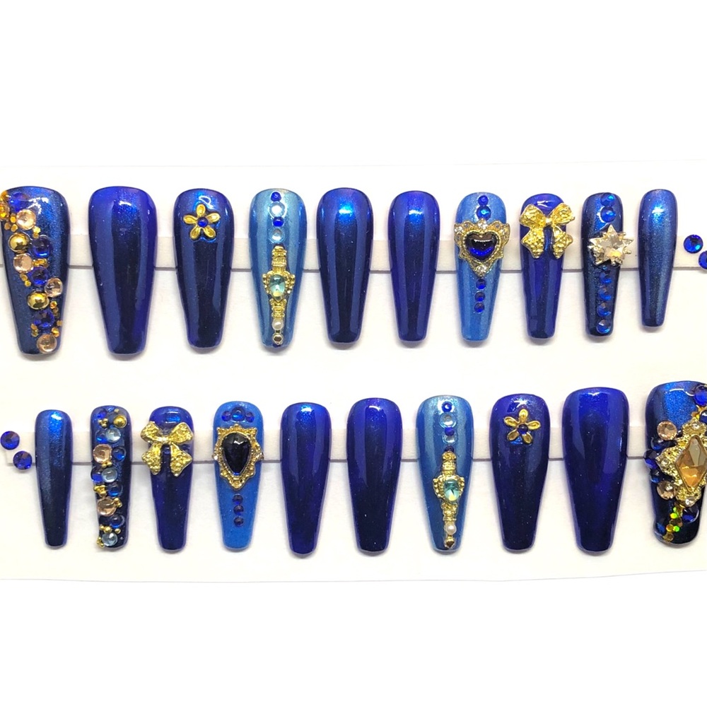 Handmade Custom Press On Nails Long Ballerina Shape Metallic Blue Nails + Bling